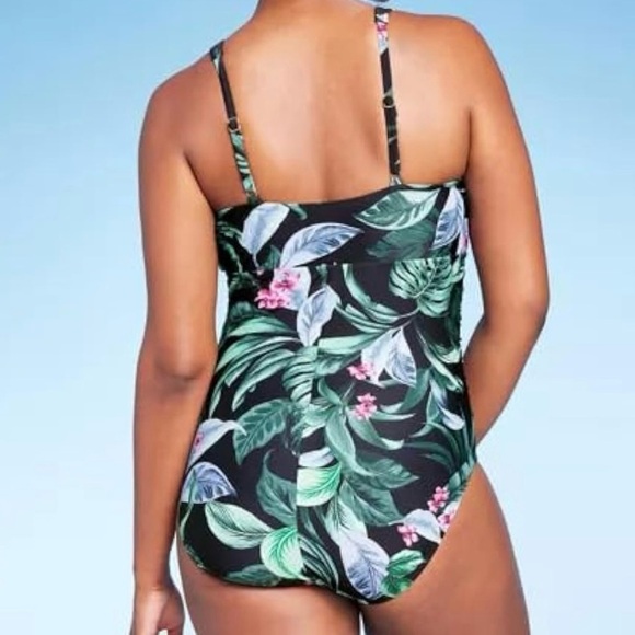 Kona Sol Green and Pink Tropical One Piece Swimsuit - Picture 3 of 6